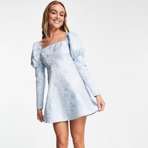 Miss Selfridge jacquard puff sleeve mini dress in blue ASOS
